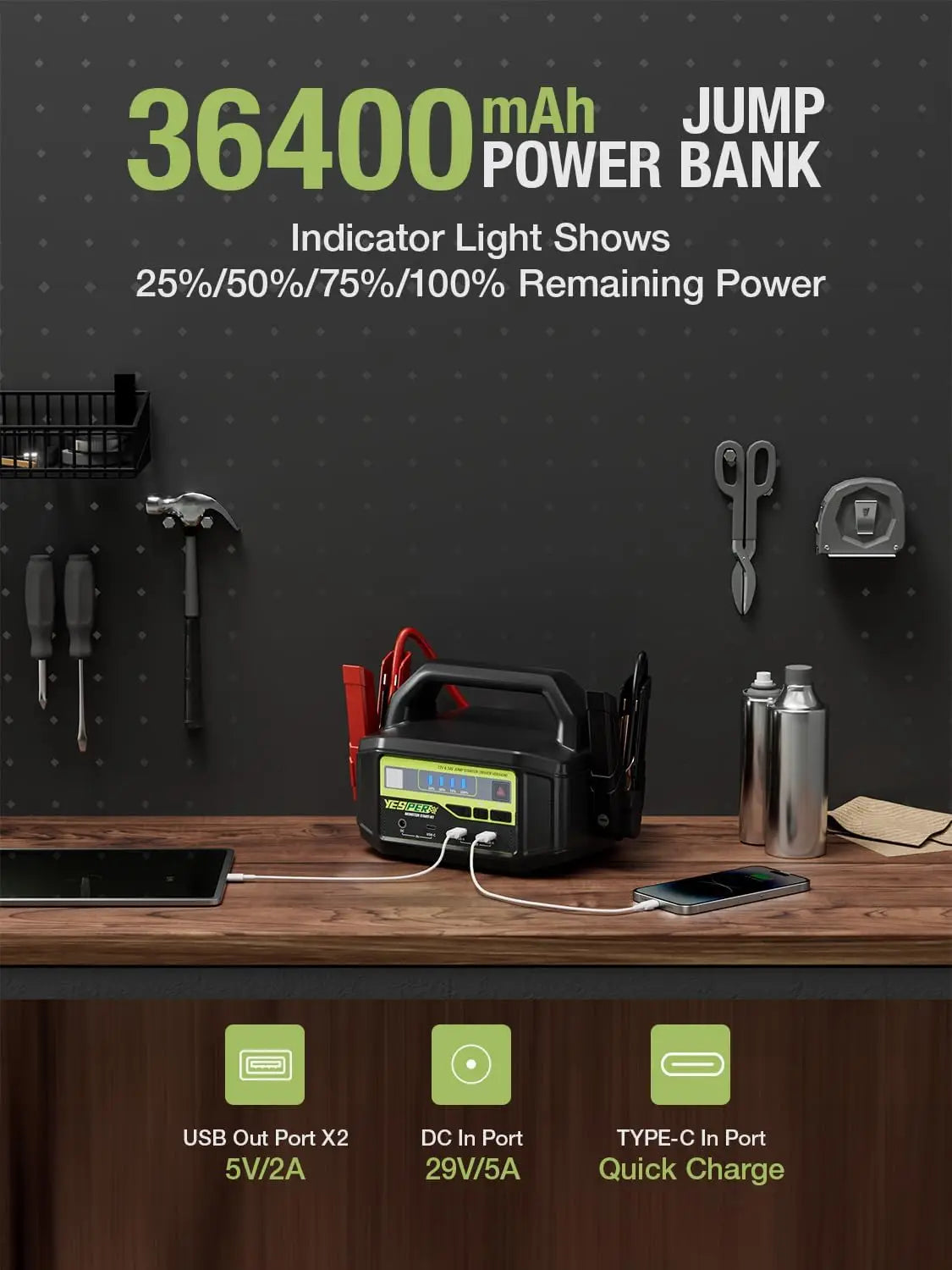 YESPER portable power station in black with multiple charging ports and LED indicators.