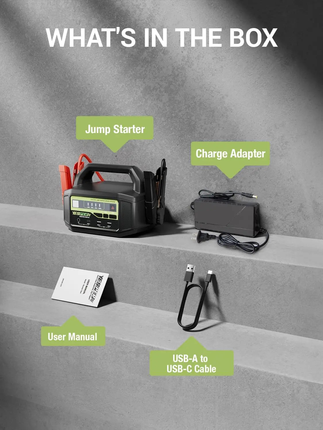 YESPER product contents showing accessories included in black and green.